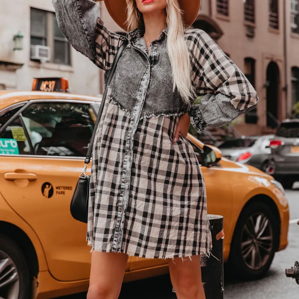 Black acid wash shirt dress is contrasted with black and taupe plaid